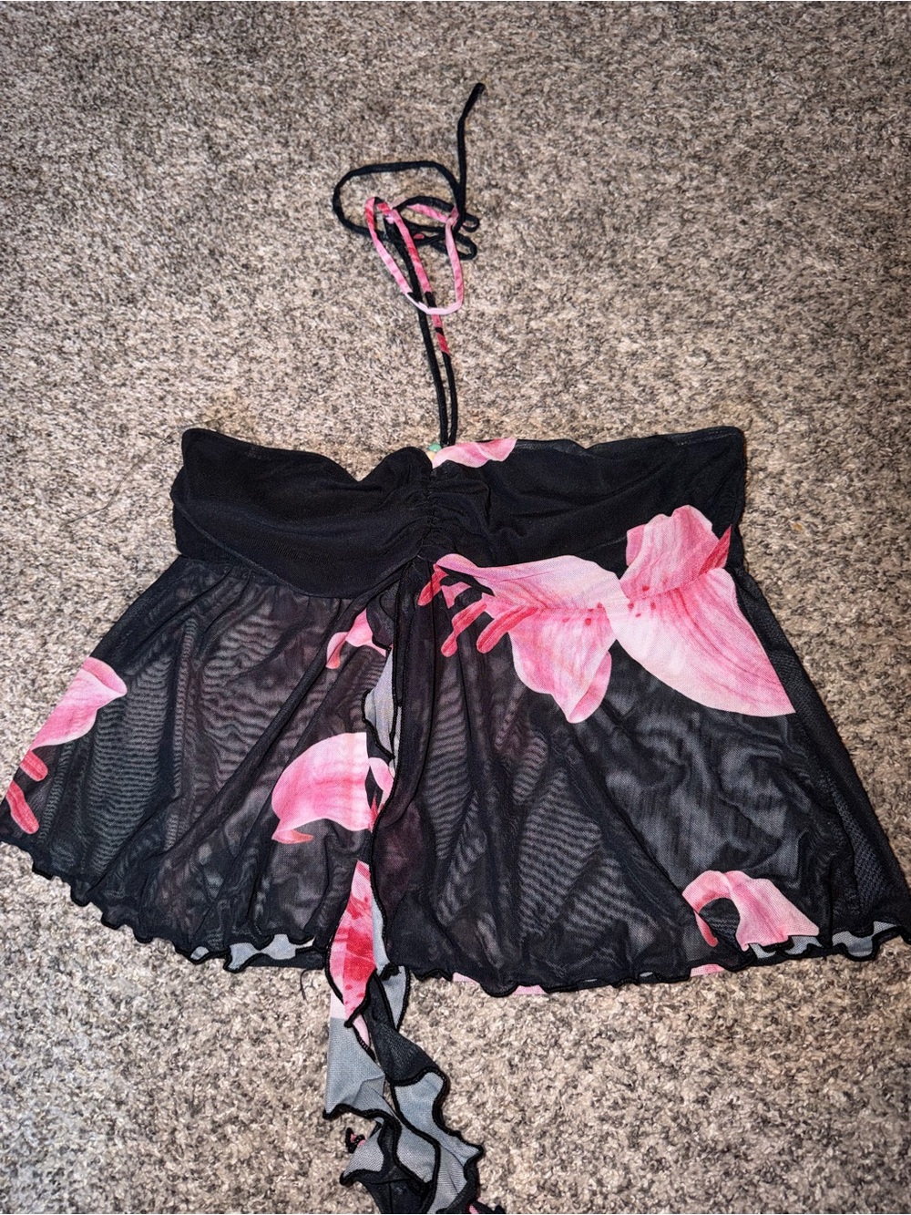 Women’s Black Mesh Floral Halter Babydoll Nightwear with Pink floral